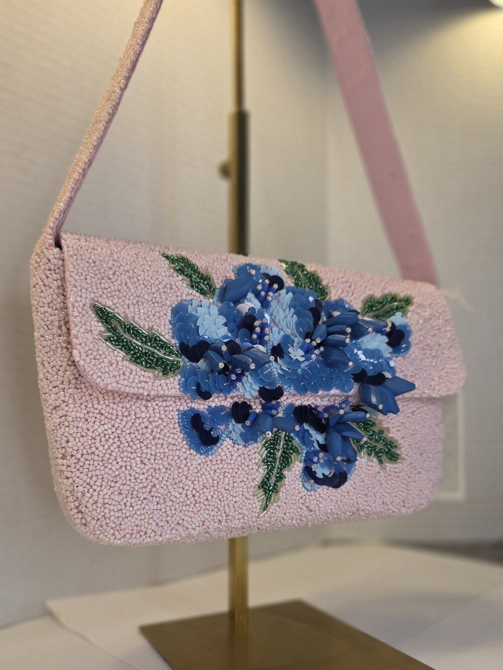 Pink and Blue Handcrafted Beaded East-West Style Handbag
